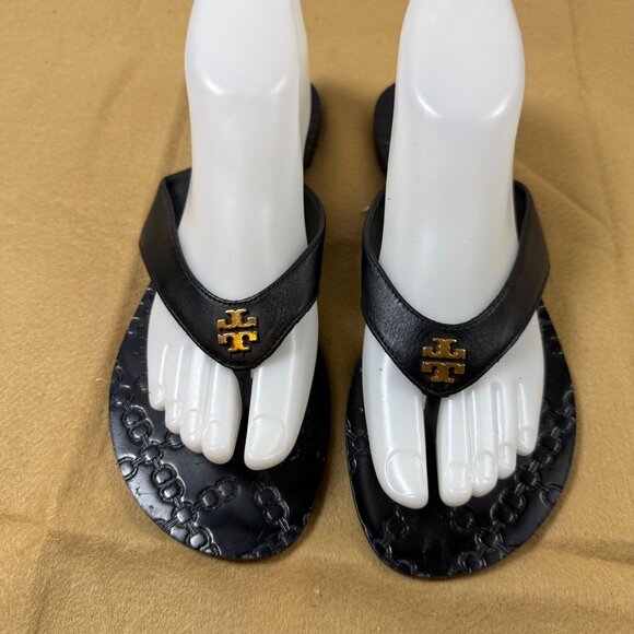 Tory Burch Monroe Black Leather Logo Flip Flops Womens Size 8M Embossed Sole - Picture 1 of 10